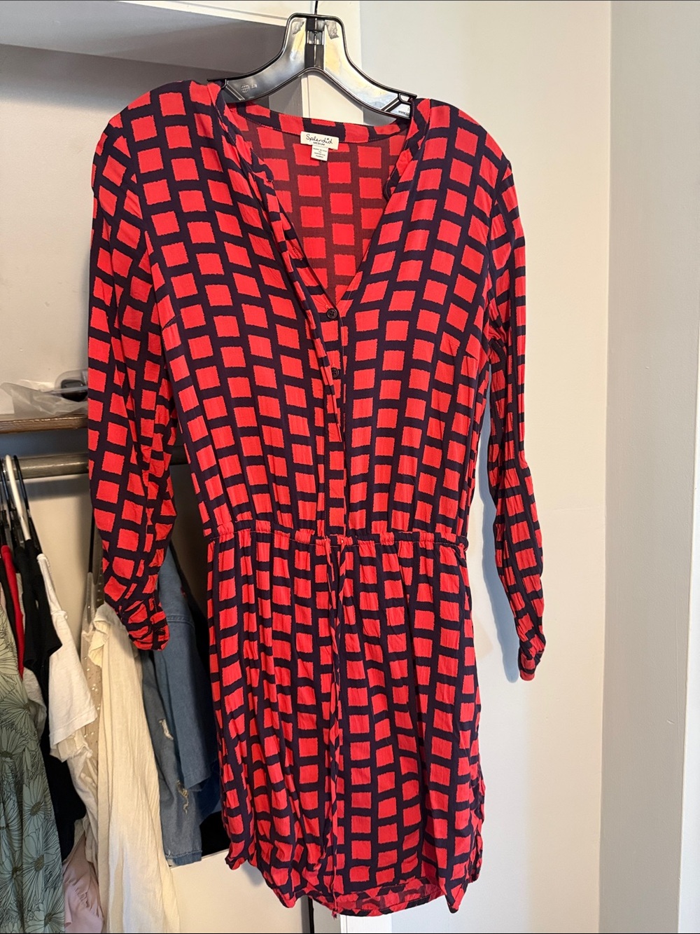 Splendid Red and Black Checked Drawstring Shirt Dress